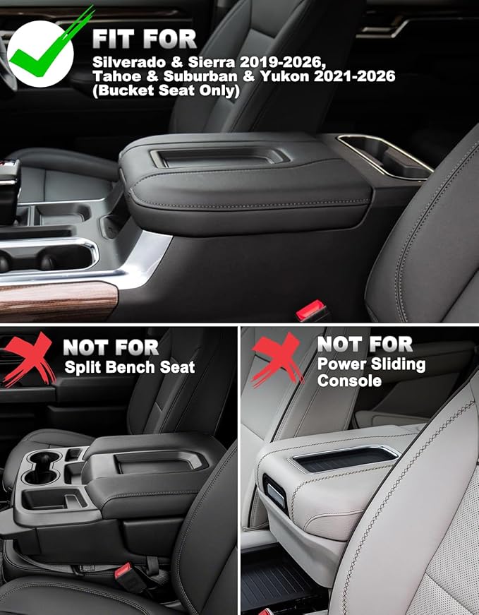 Center Console Cover for Chevy Silverado 1500 Accessories & GMC Sierra 2019-2026, Yukon & Tahoe & Suburban 2021-2026, Bucket Seat Only, Vinyl Armrest Middle Console Cover, Black-Red Stitch