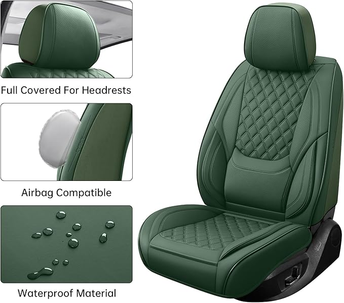 Car Seat Covers Full Set Purple, Luxury Faux Leather Waterproof Non-Slip Women Seat Protector Universal Fit for Most Cars SUVs Trucks Pick-ups,Car Interior Accessories (Green-Full Set)