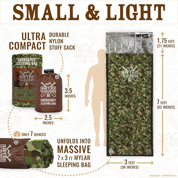 Don’t Die in The Woods - Emergency Sleeping Bag with Hood - Made with Extra Thick Thermal Mylar - 10 Essentials Hiking Camping Blanket, Survival Gear Tactical Car Disaster Bug Out First Aid Kits