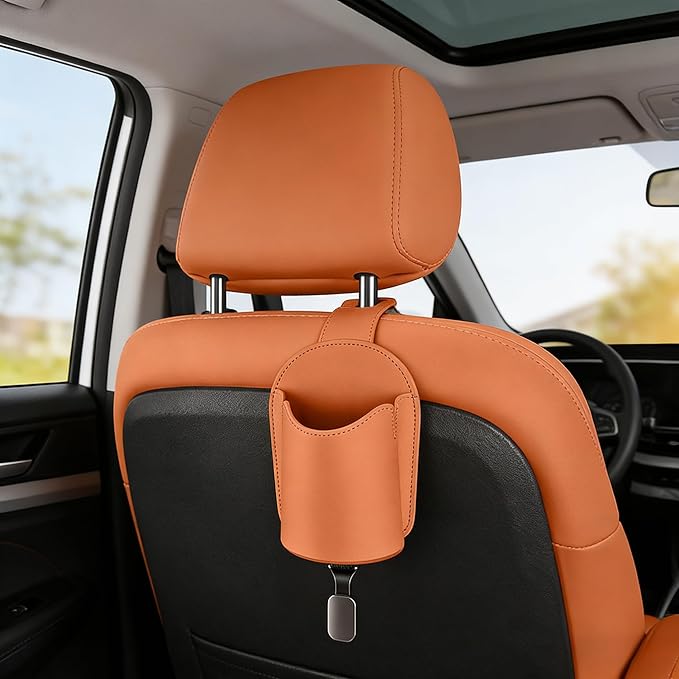 Car Seat Back Organizers Set of 2 with Leather Cup Holder and Headrest Hook, Universal Backseat Phone Mount & Storage Bag (Coffee)