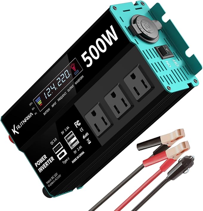 500W Power Inverters Peak 1000W 12V DC to 110V AC Converter for Vehicles USB-C/PD 25W Fast Charging Ports Car Charger Adapter with a Cigarette Lighter Ports Plug Outlet