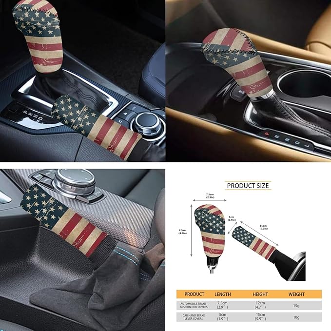 FKELYI Red American Flag Car Seat Covers Full Set, Steering Wheel Protector, Headrest Cover, Gear Shifter Knob and Handbrake Cover