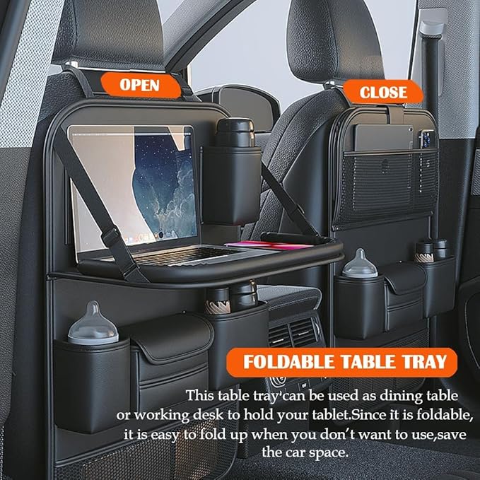 2 Pack Leather Car Backseat Organizer with Foldable Table Tray, Car Storage Organizer with Tablet Holder, Car Seat Back Protectors Kick MatsTravel Accessories