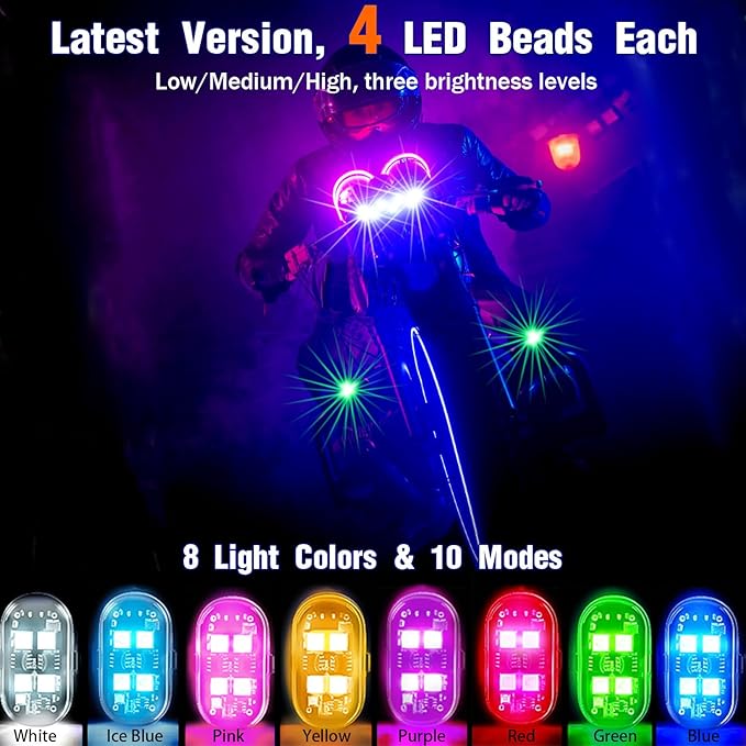 8PCS Wireless LED Lights with Remote Control, Upgraded 4LEDs 8 Colors, Interior Underglow Anti Collision Warning Strobe Light for Car Motorcycle Bike Drone Aircraft
