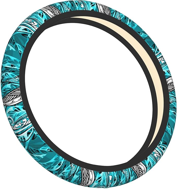 Hawaiian Teal Ocean Tribal Car Steering Wheel Cover for Women Men Stretch Cloth Anti-Slip Wrap Protector Case Fit Universal Auto Accessories Decor Sweat Absorption 14-15 Inch