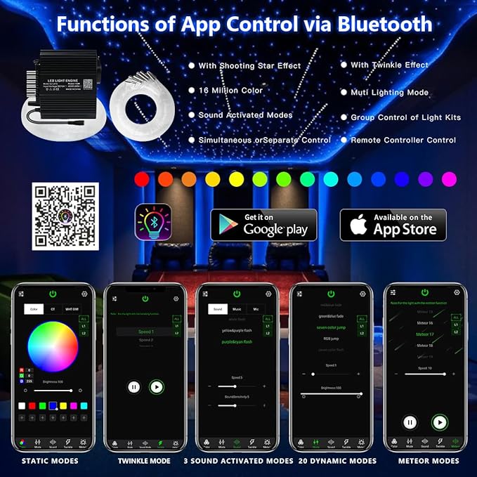 AKEPO 12W Twinkle 450pcs+Meteor 240pcs 2-in-1 Fiber Optic Starlight Headliner Lights Kit, 0.03in 9.8ft Shooting Star APP Control Music Activated Optical Fiber Star Ceiling Light Kits for Home and Car
