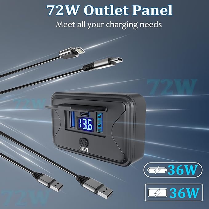 72W 12V USB Outlet Panel Wall Mount Qidoe Dual Quick Charger & 36W PD Surface Mount Car USB Port With Voltmeter Button Switch for Car Bus RV Truck