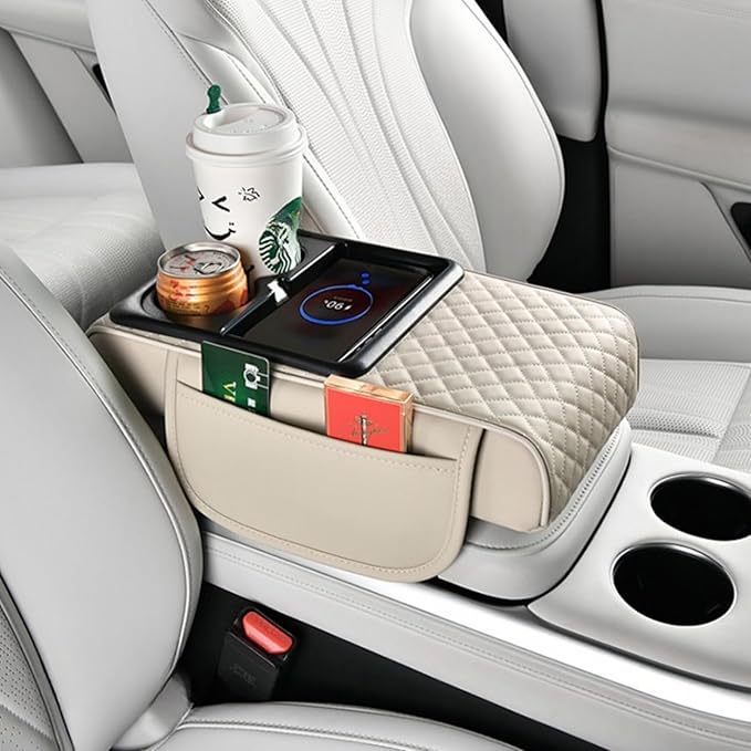 Car Armrest Pad with Built-in Induction Charging, Leather Center Console Cushion with 15W Power Pad, Dual Cup Holders, Storage Pockets - Light Beige