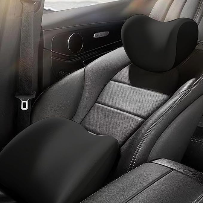 Memory Foam Breathable Ergonomic Car Headrest Pillow & Lumbar Pillow Kit with Adjustable Strap Black Car Neck for Driving, Rest, Sleep Seat Brackets
