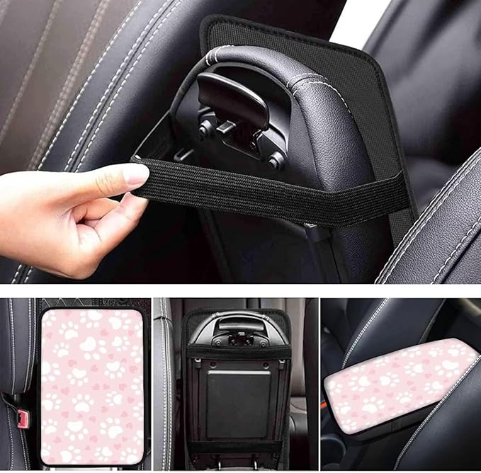 UNICEU Pink Love Hearts Dog Paw Car Center Console Armrest Cover Pad, Universal Fit Most Vehicle Truck SUV Lightweight Washable Car Armrest Seat Box Cover Decoration