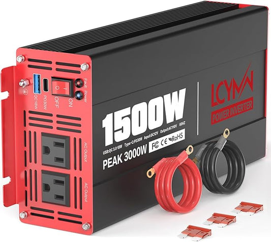 1500 Watt Power Inverter DC 12V to AC 110/120V with Dual Outlets USB-C 30W USB-QC 18W Fast Car Charger Adapter for Vehicles Home RV Car Truck Off-Grid Solar System Converter