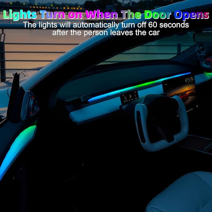 Interior Car LED Strip Lights for Tesla Model 3 Y 2021-2023, 16 Million Colors Ambient Lighting Kit with APP Control, Music Sync Color Change Neon Lights for Dashboard & Center Console