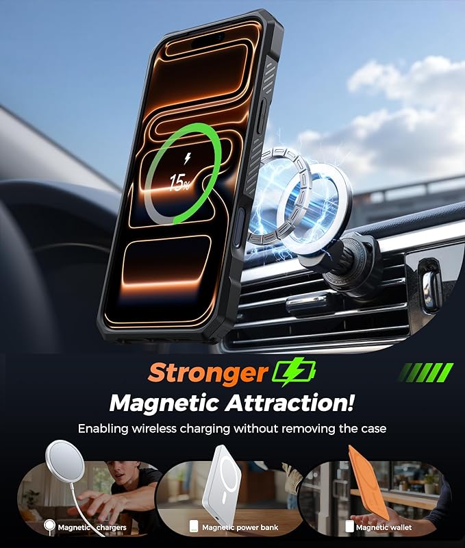 FNTCASE for iPhone 17 Pro-Max Case: [360 Spin Magnetic Ring Kickstand] [Compatible for MagSafe] [Screen Protector] Heavy Duty Military Grade Protection Protective Phone Case with Stand Orange