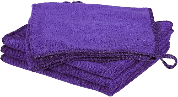 HARFINGTON 4 Pack Microfiber Cleaning Cloth, 16" x 12" Multi-Functional Cleaning Towels Reusable Absorbent Rags with Hook for Car Wash Kitchen Household Window Clean, Purple