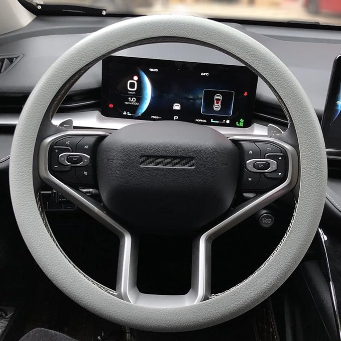 Grey Car Steering Wheel Cover: Universal 13.5 to 15 inches Silicone Steering Cover Compatible with Most Car Models Fit for Round Shpe D Shape