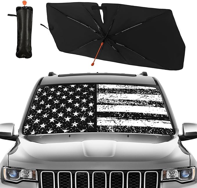 American Flag Car Sunshade Umbrella USA Flag Windshield Sun Shade for Car Retractable Umbrella Sunshades for Front Window Patriotic Sun Shades Cover Visor Portector Block UV Rays