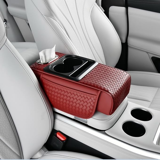 Car Armrest Cushion Cover Car Center Console Memory Foam Booster Pad with Storage Pocket and Tissue Hole for Sedan Vehicle (Cupholder - Red, 13.39 * 7.68 * 2.95'' / 34 * 19.5 * 7.5cm)