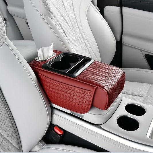 Car Armrest Cushion Cover Car Center Console Memory Foam Booster Pad with Storage Pocket and Tissue Hole for Sedan Vehicle (Cupholder - Red, 13.39 * 7.68 * 2.95'' / 34 * 19.5 * 7.5cm)
