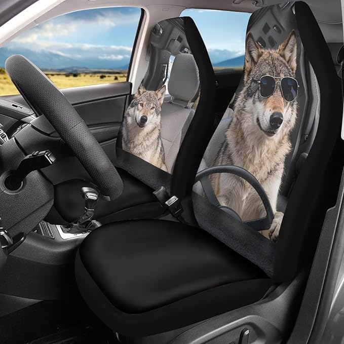 Wolf Car Front Seat Covers Anti-Slip Car Seat Covers for Front Seats Elastic Polyester Cool Auto Interior Accessories 2 Pcs Set Universal Fit for Most Cars,Sedans & SUVs