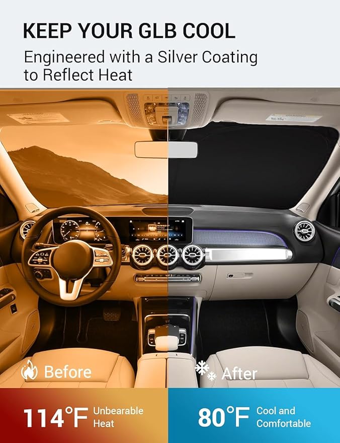 Proadsy 2026 Upgrade Windshield Sun Shade Custom Fit 2020-2025 2026 Mercedes Benz GLB Foldable Front Sunshade Protector Sun Visor Blocks UV Rays Keep Car Cooler