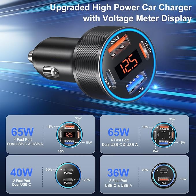 USB C Car Charger, 3 Pack 65W Multi Port Car Cigarette Lighter Adapter with 3 Pack 60W Retractable USB C Cable for iPhone 16e 16 15 Pro Max, Galaxy A16 A54 S25