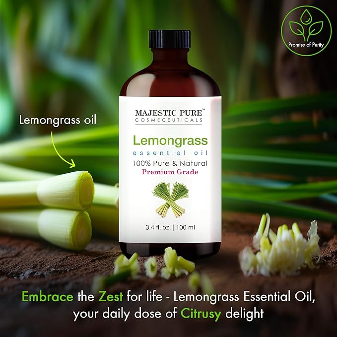 Majestic Pure Essential Oil with Glass Dropper - 100% Pure and Natural - Essential Oils for Diffuser, Aromatherapy, Soap and Candle Making, Lemongrass Essential Oil, Lemongrass Oil, 3.4 Fl Oz