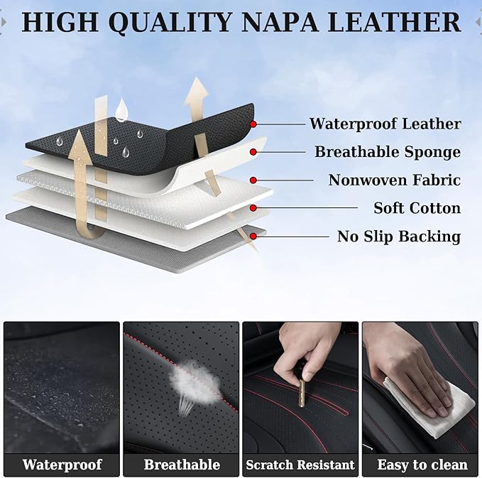 Coverado Car Seat Covers Full Set, Leather Seat Covers for Car, Waterproof Seat Covers, Automotive Seat Cushions, Breathable Car Seat Protector Universal for Most Sedans, Trucks, SUV (Black &Red Line)
