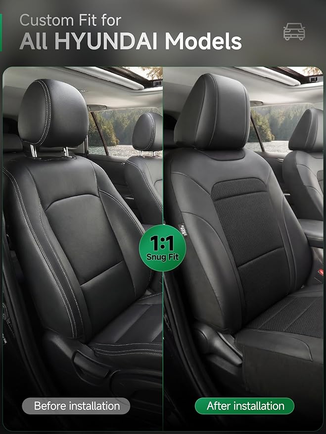 GIANT PANDA Air Cool Mesh Car Seat Cover Custom Fit Hyundai Sonata Elantra Santa Fe Tucson Accent Kona Palisade,Breathable Cooling Seat Protector with Leather Back Pannel(Black)