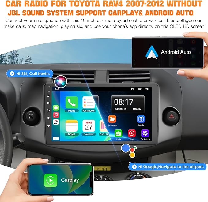 Car Radio Stereo for Toyota RAV4 2007-2012 Without JBL Sound System, Support Wireless Carplay/Android Auto/Mirrorlink, 10 Inch QLED Touchscreen with Bluetooth,FM Radio