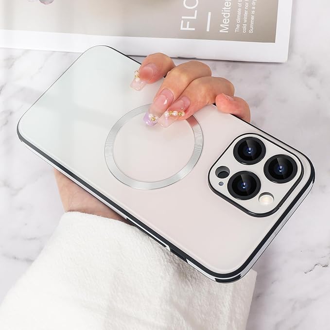 Guppy Compatible with iPhone 14 Pro Max Case Magnetic, with Full Camera Lens Protector [Compatible with MagSafe] Scratch Resistant Gradient Glass Back Cover Phone Case-White