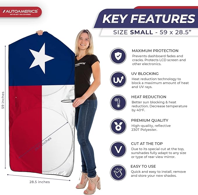 Autoamerics 1-Piece Windshield Sun Shade American Texas Flag USA Patriotic Design - Foldable Car Front Window Sunshade for Sedans SUV Truck - Blocks Max UV Rays and Keeps Your Vehicle Cool - Small
