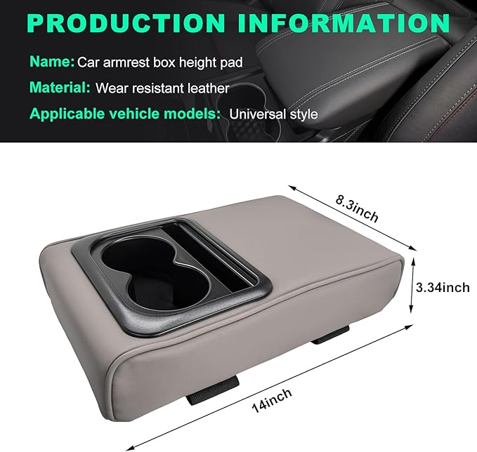 Car Center Console Armrest Pillow, Memory Foam Auto Armrest Box Cover with Cup Holder & Phone Holder, Waterproof Leather Arm Rest Protector Cushion, Interior Car Accessories (Gray)