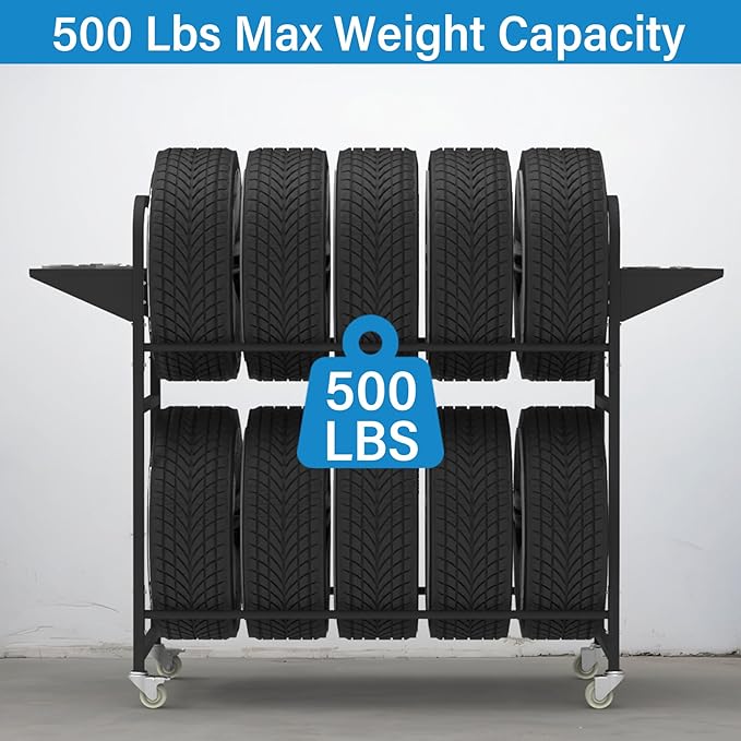 Tire Storage Rack 57" x 55.1" x 20" w/Anti-dust Cover, Adjustable Rolling Tire Rack for Garage Black w/4 Swivel Casters & 2 Storage Shelf for Garage Storage