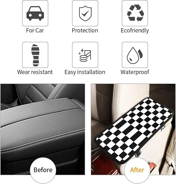 Car Armrest Cover Auto Center Console Pad Arm Rest Cushion Soft Car Accessories Universal for Most Vehicle (Checkerboard-Black & White Pattern Design)