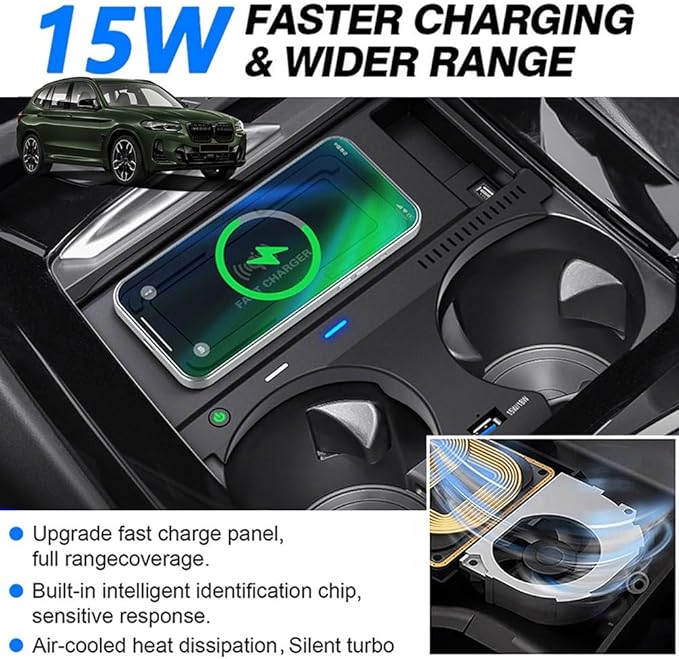 Wireless Car Charger for BMW X3/X4 2022 2021 2020 2019 2018, OEM Custom Fit with QC3.0 USB Wireless Fast Phone Charging Pad for BMW X3/X4/X3M/X4M G01 G02 Center Console Interior Accessories
