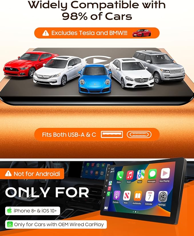 2026 Wireless CarPlay Adapter for Apple Only, Upgrade Mini Aluminium Car Play Adapter Converts Wired to Wireless CarPlay for iPhone, Plug & Play, Auto Connect Fast and Stable, with USB-C, CosmicOrange