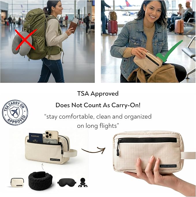 Slim Travel Neck Pillow for Long Flights, 360° Memory Foam Support Travel Neck Pillow with Premium Airplane Comfort Essentials 5pc Set, Best for Sleeping on Airplanes, Cars, Trains | Compact Bag