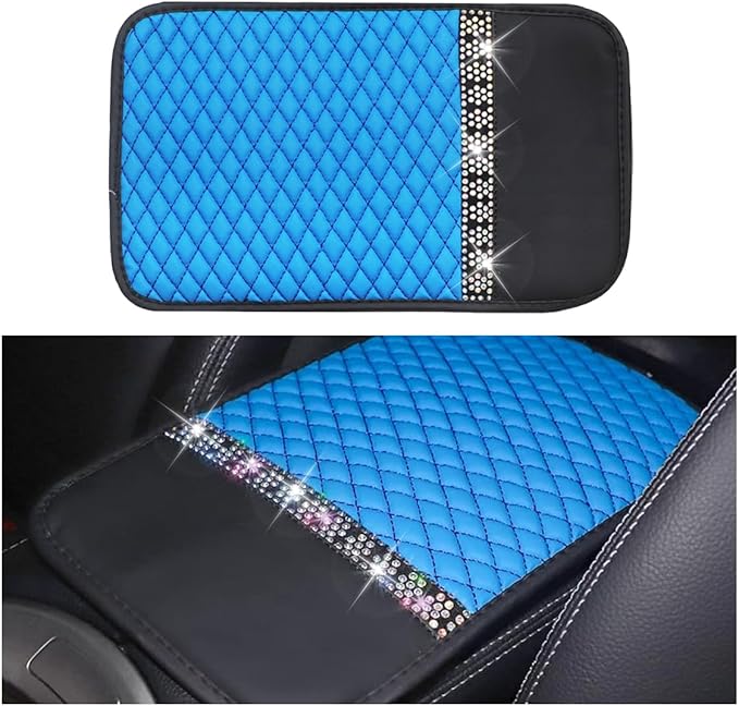 Bling Leather Car Armrest Seat Box Cover, Car Console Armrest Cover with Crystal Rhinestones, Anti-Scratch Waterproof Auto Center Console Protector Cushion Pad for Car SUV Truck (Blue)