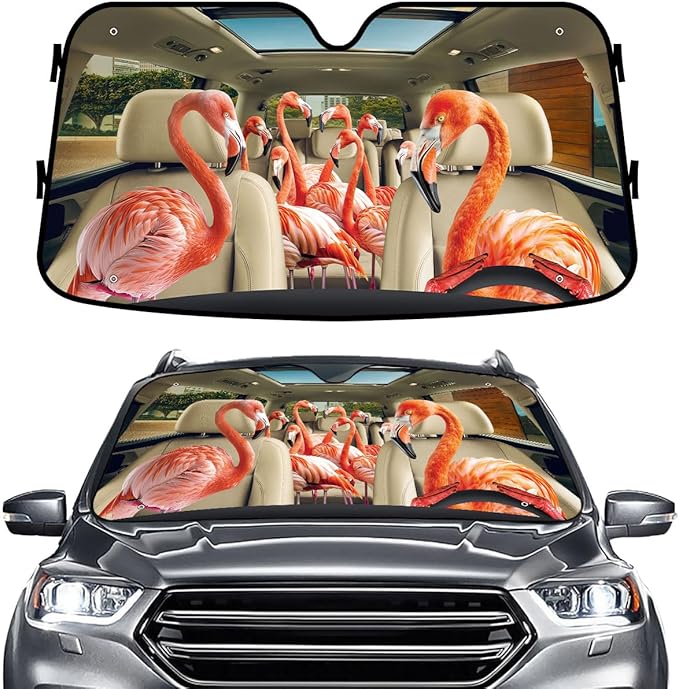 GENANY Flamingo Family Windshield Sun Shade for Car SUV Truck (55x30 inches), Sun Shade Windshield, Shades for Front Windows, Auto Gift, Spring Car Decor