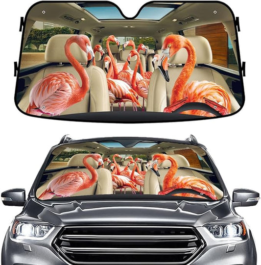 GENANY Flamingo Family Windshield Sun Shade for Car SUV Truck (55x30 inches), Sun Shade Windshield, Shades for Front Windows, Auto Gift, Spring Car Decor