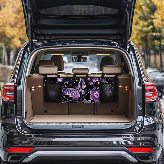 Hanging Car Trunk Organizer with 4 Pockets Purple Butterfly Auto Back Seat Storage Bag Auto Interior Accessories for Sedans SUV MPV Trucks Jeep Pickup