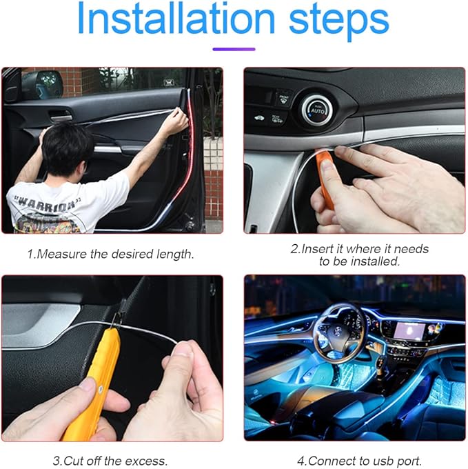 EL Wire LED Strip Lights, USB Auto Neon Light Strip with Sewing Edge, 16FT Electroluminescent Car Ambient Lighting Kit with Fuse Protection, Car Decoration Accessory (Purple/16FT)