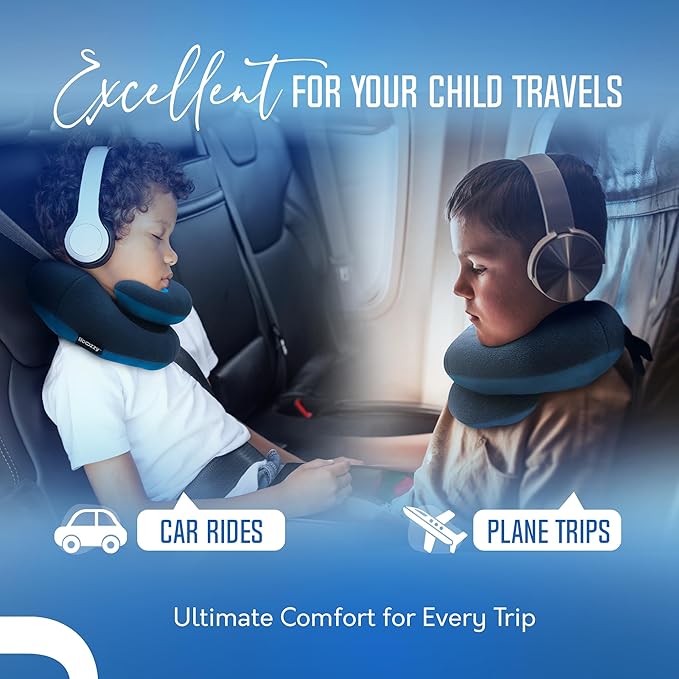 BCOZZY Kids Chin Supporting Travel Pillow for Ages 8–12- Patented Soft Neck Pillow for Head and Chin Support in Car Seat and Airplane. Comfortable Travel Essential. Medium Size, Bag, Light Blue