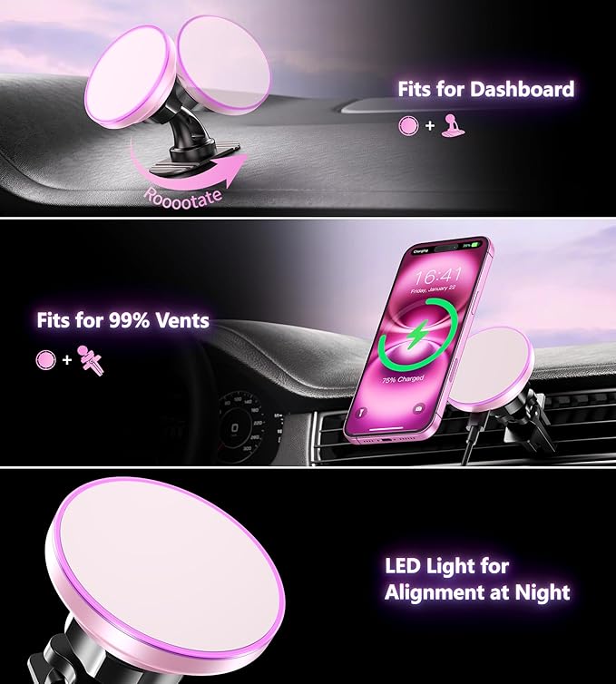 BHHB for Magsafe Car Mount Charger, [2026 Upgrade] 15W 2in1 Magnetic Wireless Car Charger, for Magsafe Car Charger, Vent/Dashboard Phone Holder, ONLY for iPhone 17 16 15 14 13 12 Series (Pink)