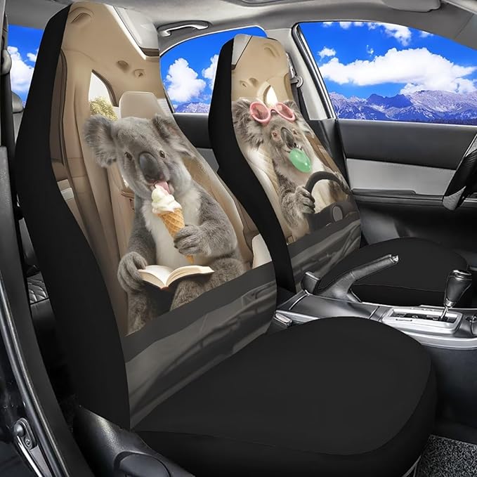 Koala Front Car Seat Cover Nonslip Funny Auto Interior Accessories 2 Pcs Set Stretch Polyester Fabric Cover All-Season Protection Suitable for Most Cars,SUV,Sedan