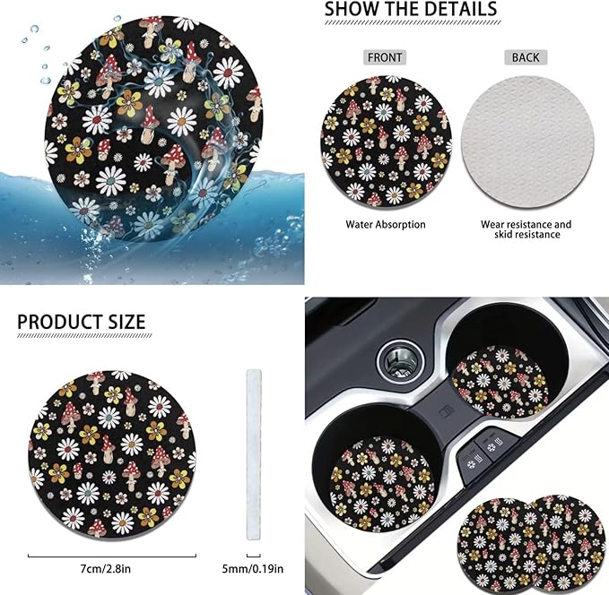 Mushroon Car Accessories 6 Pcs Sets for Men Women Many Flower Cute Car Steering Wheel Cover Cup Coaster Handbrake Cover Suit for Cars Truck Vans SUV
