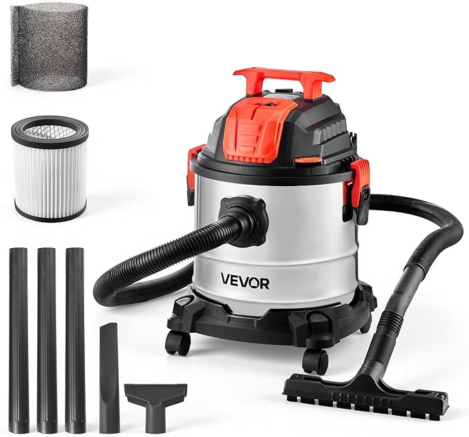 VEVOR Shop Vac, 5.8 Gallon Wet Dry Shop Vacuum, 4 Peak HP with One-Button Self-Cleaning, Dual-Filter, 900W Input Power, 1.25in x 7ft Hose, 9.8ft Cord, Metal Tank for Jobsite, Workshop, Garage, Home
