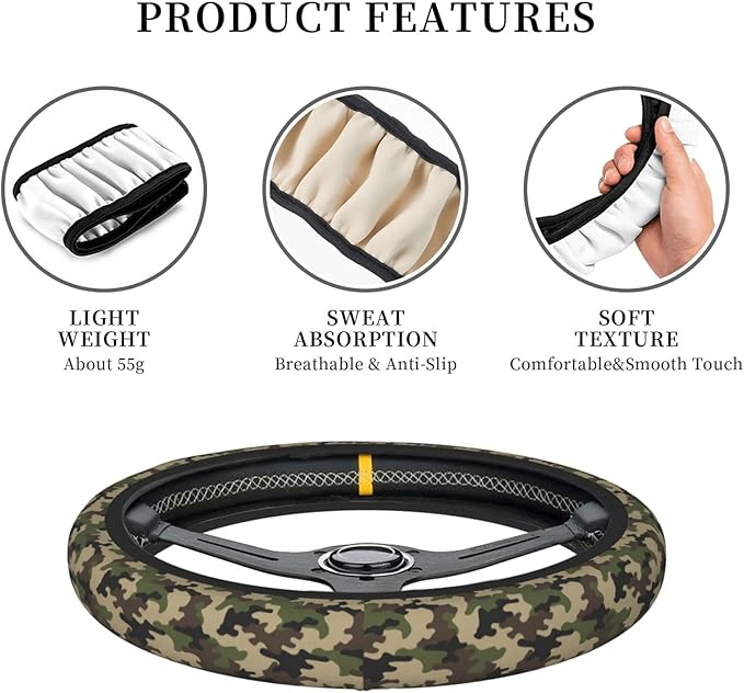 Army Green Camo Auto Car Steering Wheel Cover Universal 15 Inch Neoprene Interior Decor Protection Accessories