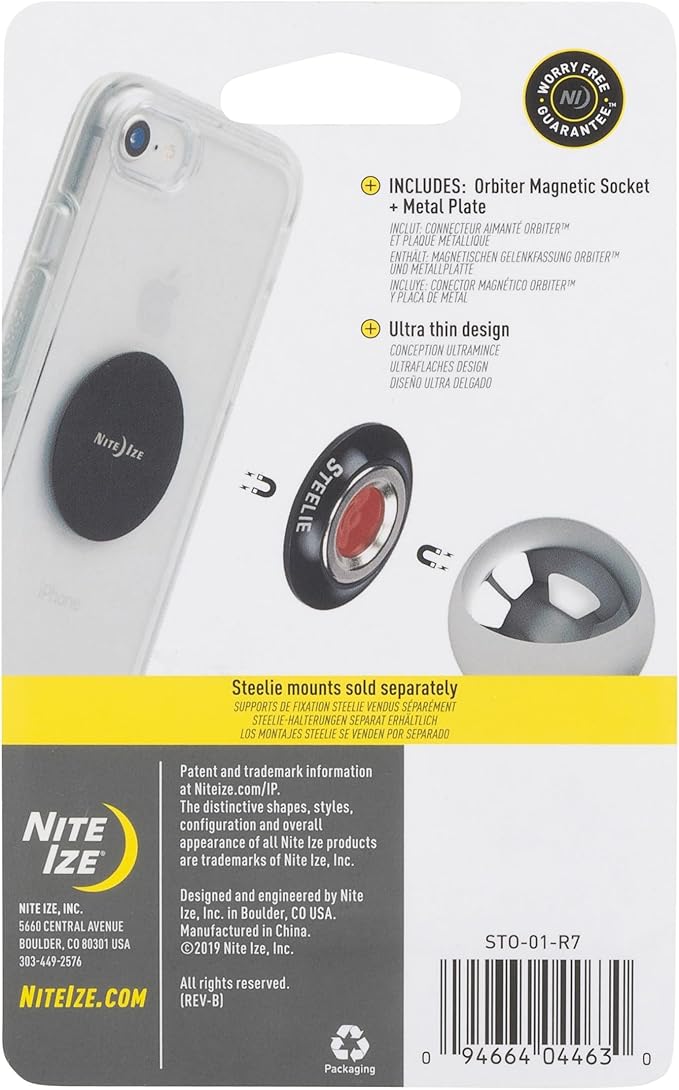 Nite Ize Steelie Orbiter Magnetic Socket and Metal Plate - Car Mobile Phone Holder - Phone Metal Plate - Magnetic Phone Holder - Black