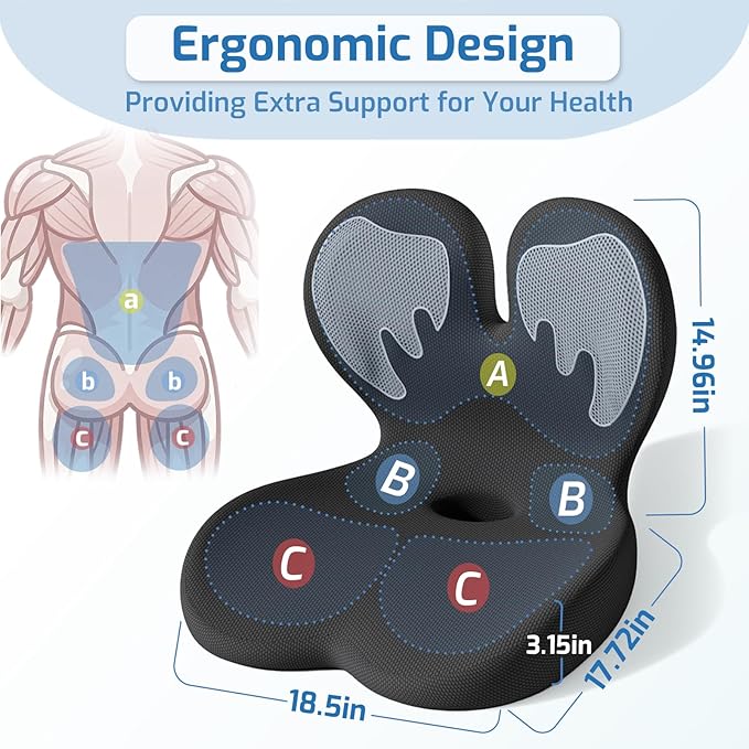 Ergonomic Seat Cushion,Office Chair Cushion with Lumbar Support Pillow,Memory Foam Car Seat Cushions,Designed for Sciatica, Tailbone,Back Pain,Back Cushion for Office,Car,Home Desk Chair